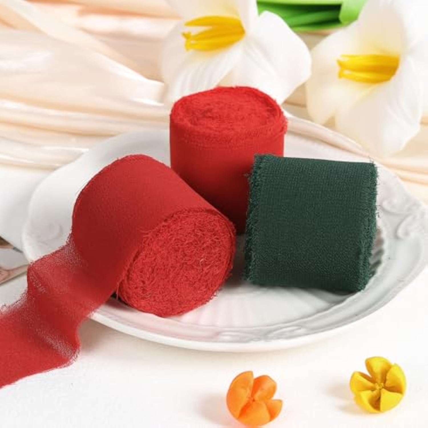 3 Rolls Christmas Handmade Fringe Chiffon Ribbon 1.5 Inch X 7 Yard Sil
