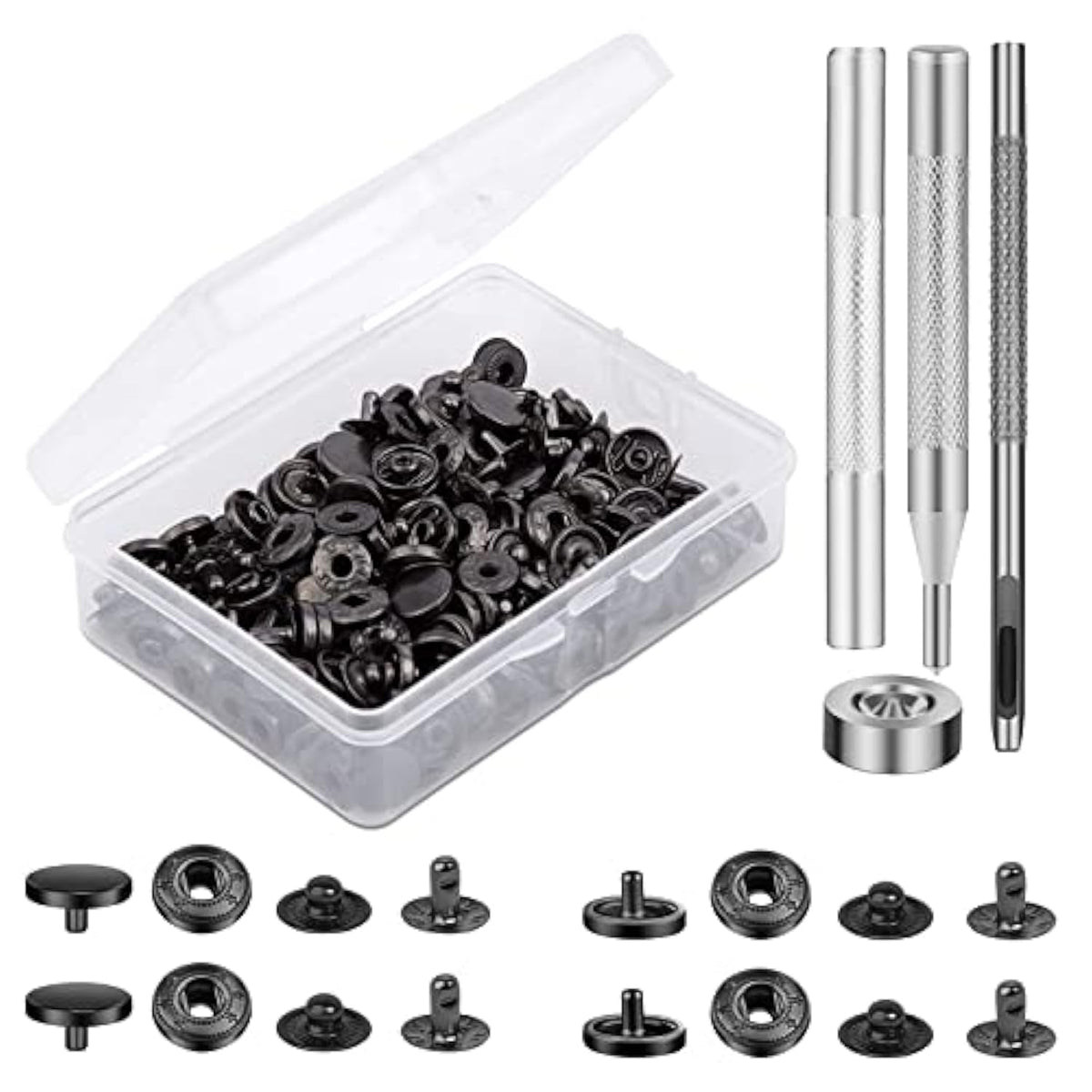 50 Sets Leather Snap Fasteners Kit 10Mm Black Metal Snap Buttons Kit S