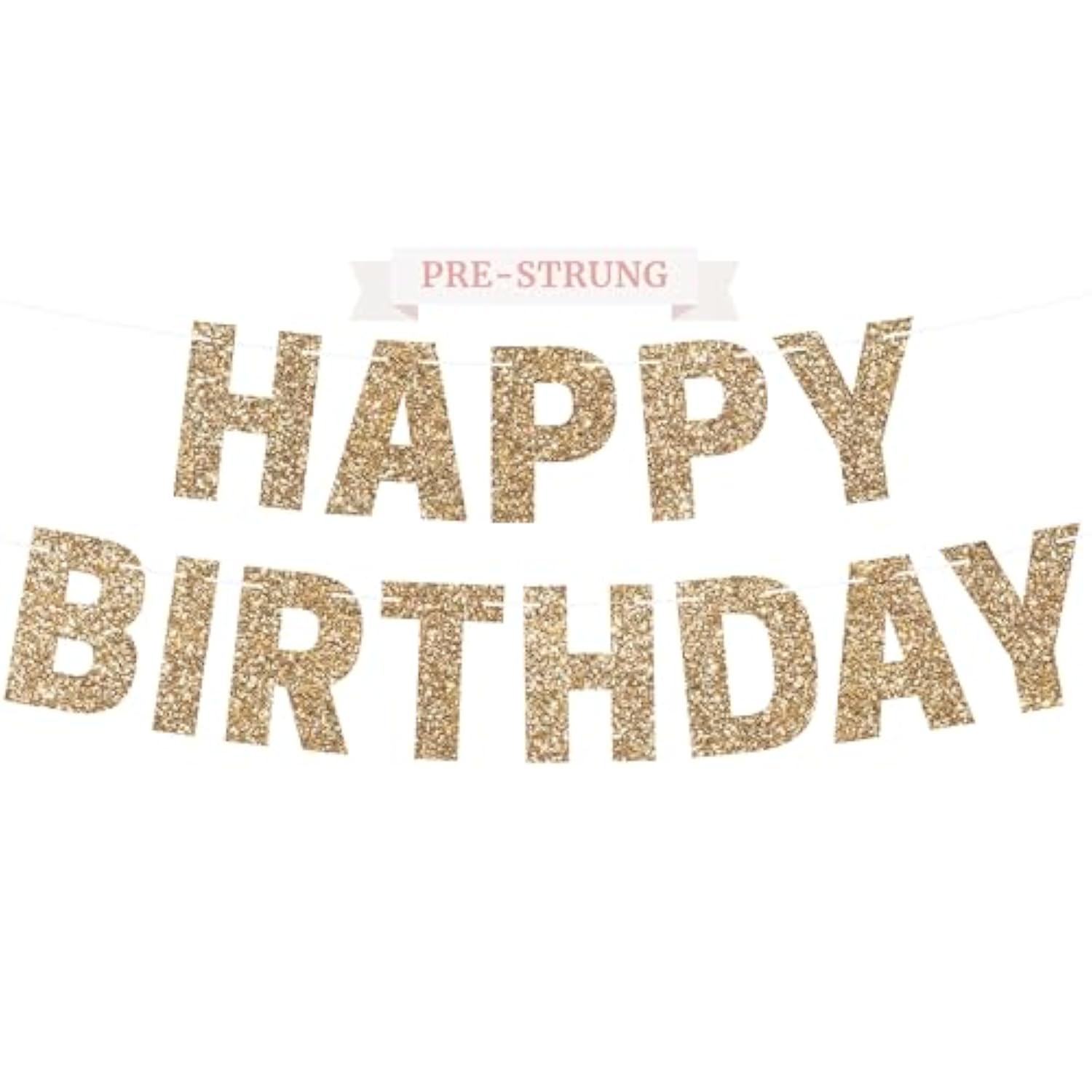Pre-Strung Gold Glitter Happy Birthday Banner – No DIY Needed, 8ft Garland
