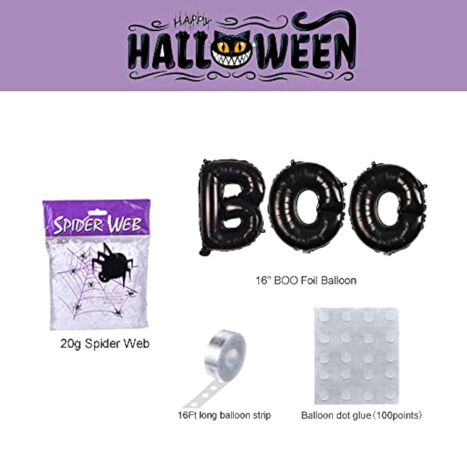 Halloween Balloon Garland Arch Kit with Spider Web Boo Banner and Foil Balloons