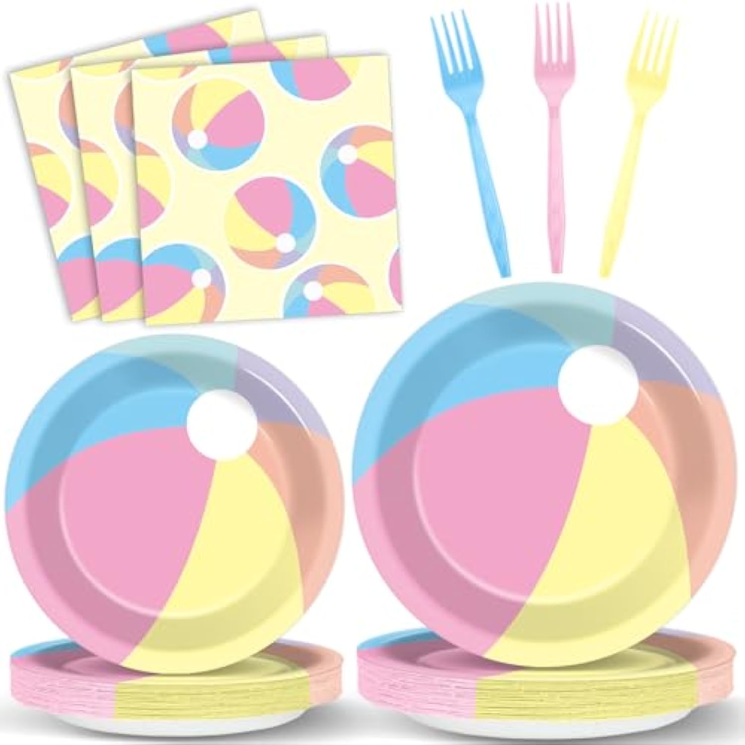 96Pcs Summer Macaron Beach Ball Party Paper Plates And Napkins And Forks Set For Macaron Beach Ball Party Paper Plates Disposable Decor Summer Parties Set For Kids Birthday Gatherings Decorations