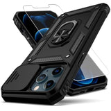 For Iphone 12 Pro Max Case,With Camera Lens Cover Hd Screen Protector,[Military Grade] Ring Car Mount Kickstand Hybrid Hard Pc Soft Tpu Shockproof Protective Case For Iphone 12 Pro Max-Black