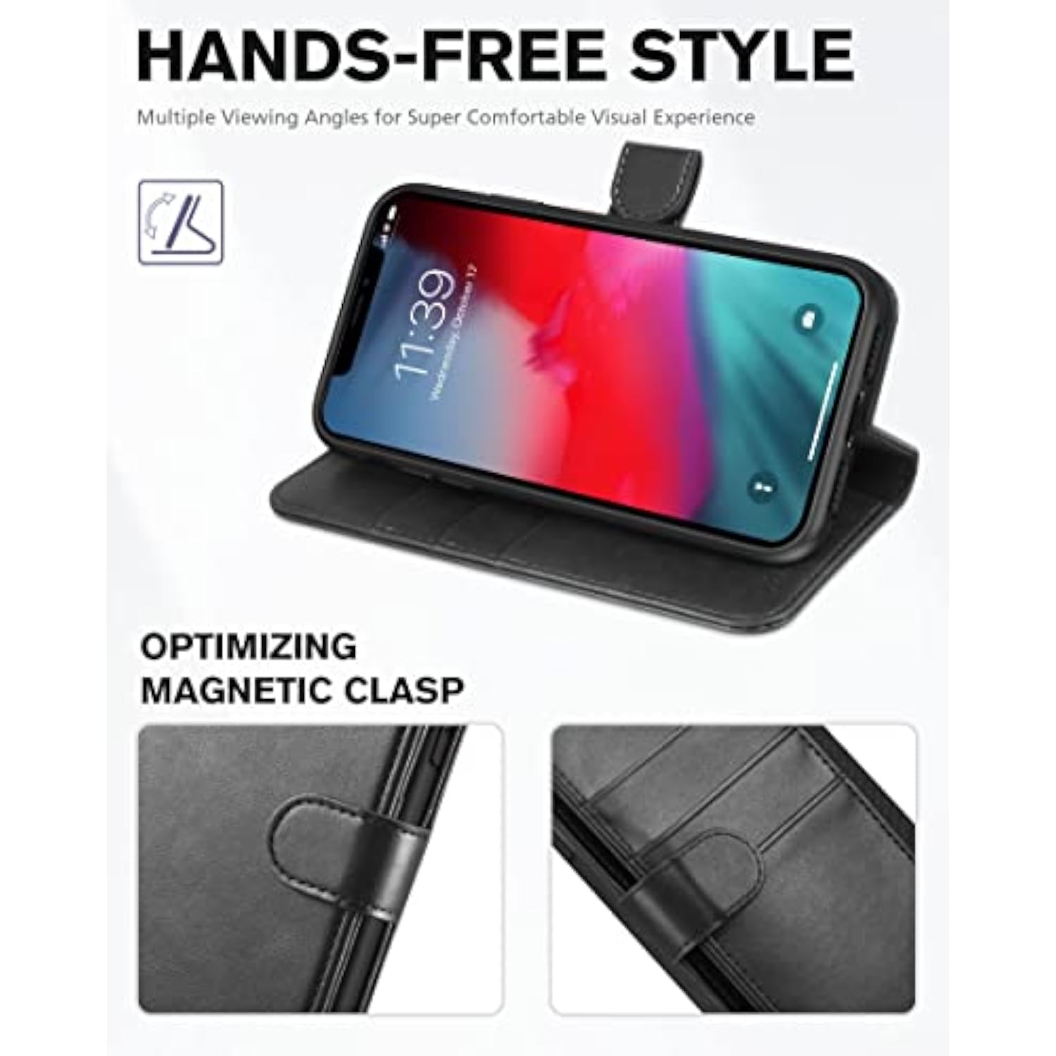 TUCCH Case Wallet for iPhone XR, Kickstand RFID Blocking Credit Card Slot PU Leather Folio Phone Cover with Wireless Charging [Shockproof TPU Shell] Compatible with iPhone XR 6.1, Black