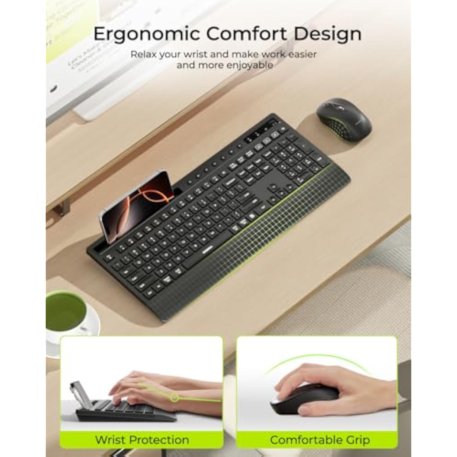 seenda Bluetooth Keyboard and Mouse Combo, Multi-Device Ergonomic Keyboard Mouse with Phone Holder, Full Size Wireless Quiet Combo Compatible for Windows, Laptop, MacBook, PC, iPad - Black