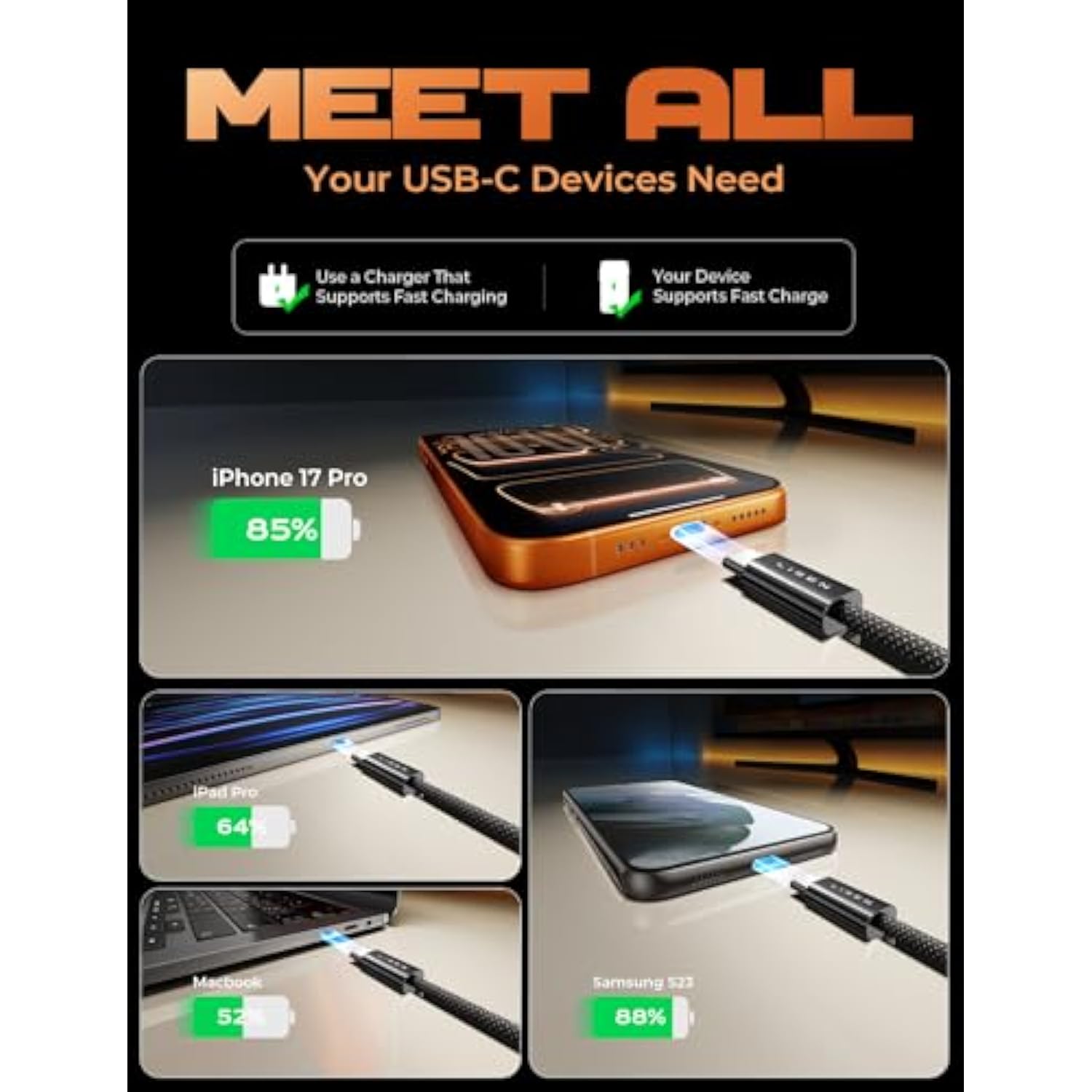 Usb C Cable, 5-Pack [3.3/3.3/6.6/6.6/10Ft] Usbc To Usbc Cable For 16E 15 Pro Max Charger Cord, 60W (3.1A) C To C Cable Fast Charging For Samsung S25/S24/23, Switch 2, Ipad, Macbook