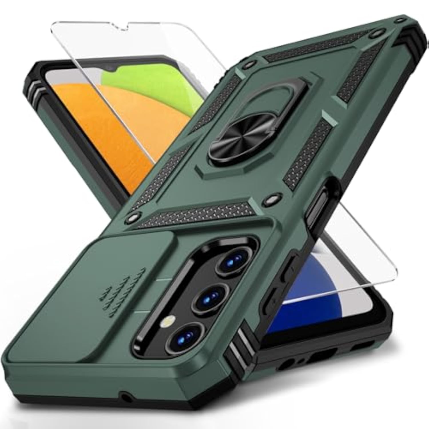 for Samsung Galaxy A03S Case with Slide Camera Lens Cover, HD Screen Protector, Military Grade Drop Protection, Magnetic Rotated Ring Holder Kickstand Phone Case (Pine Green)