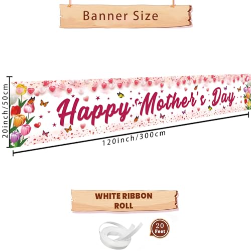 Mothers Day Decorations, Happy Mothers Day Banner, Large Size Pink Floral Design with Butterflies Mother's Day Outdoor Decorations, 118 x 20 Inch
