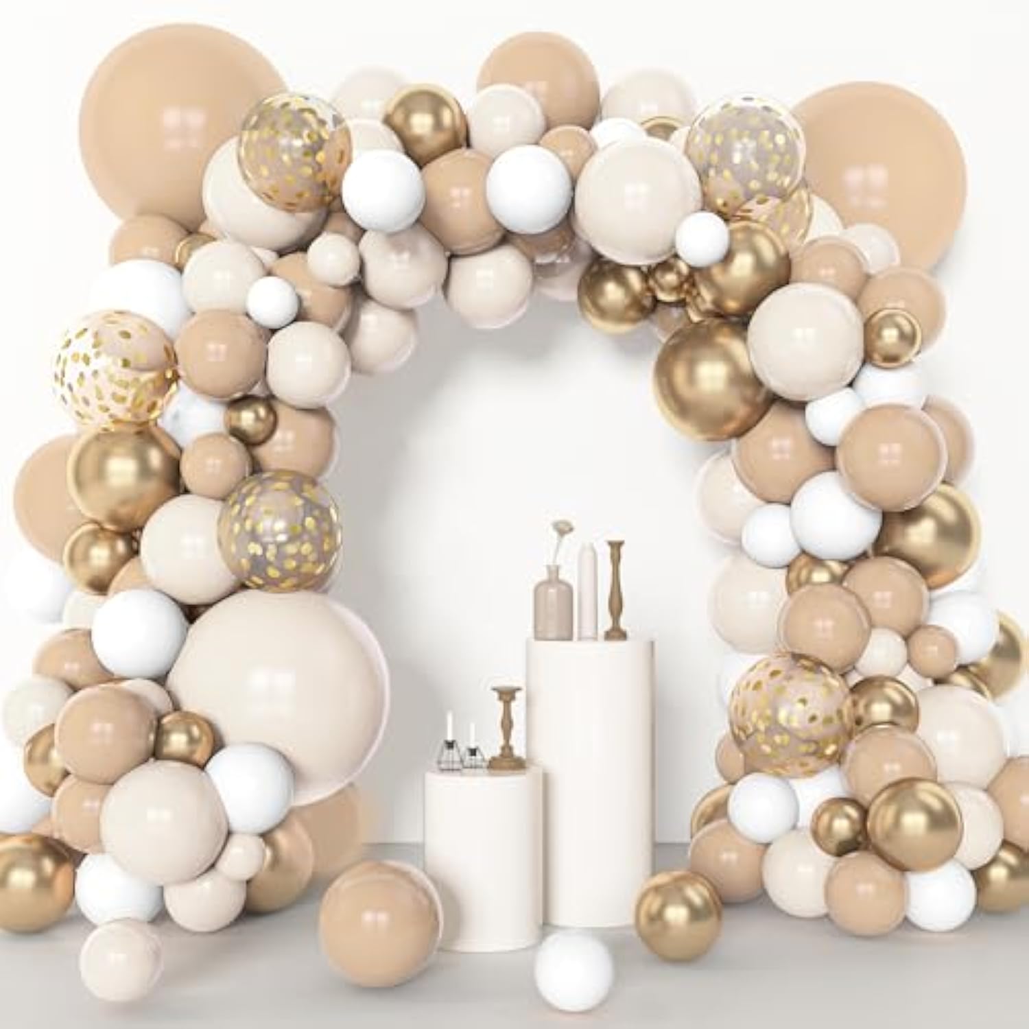 153Pcs White Sand Balloon Garland Arch Kit, Different Sizes 18 12 10 5 Inch Beige Cream Champagne Gold Latex Metallic Confetti Balloons For Boho Neutral Baby Shower Birthday Party Decorations