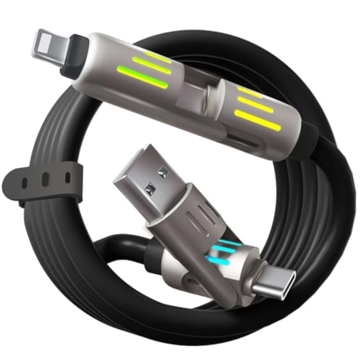 240W 4-In-1 Multi Usb Charging Cable With Led Indicator, Fast Charging & Data Sync, Usb-A, Usb-C, Ios Connectors For Iphone, Samsung, Laptop, 4Ft (Rich Black)