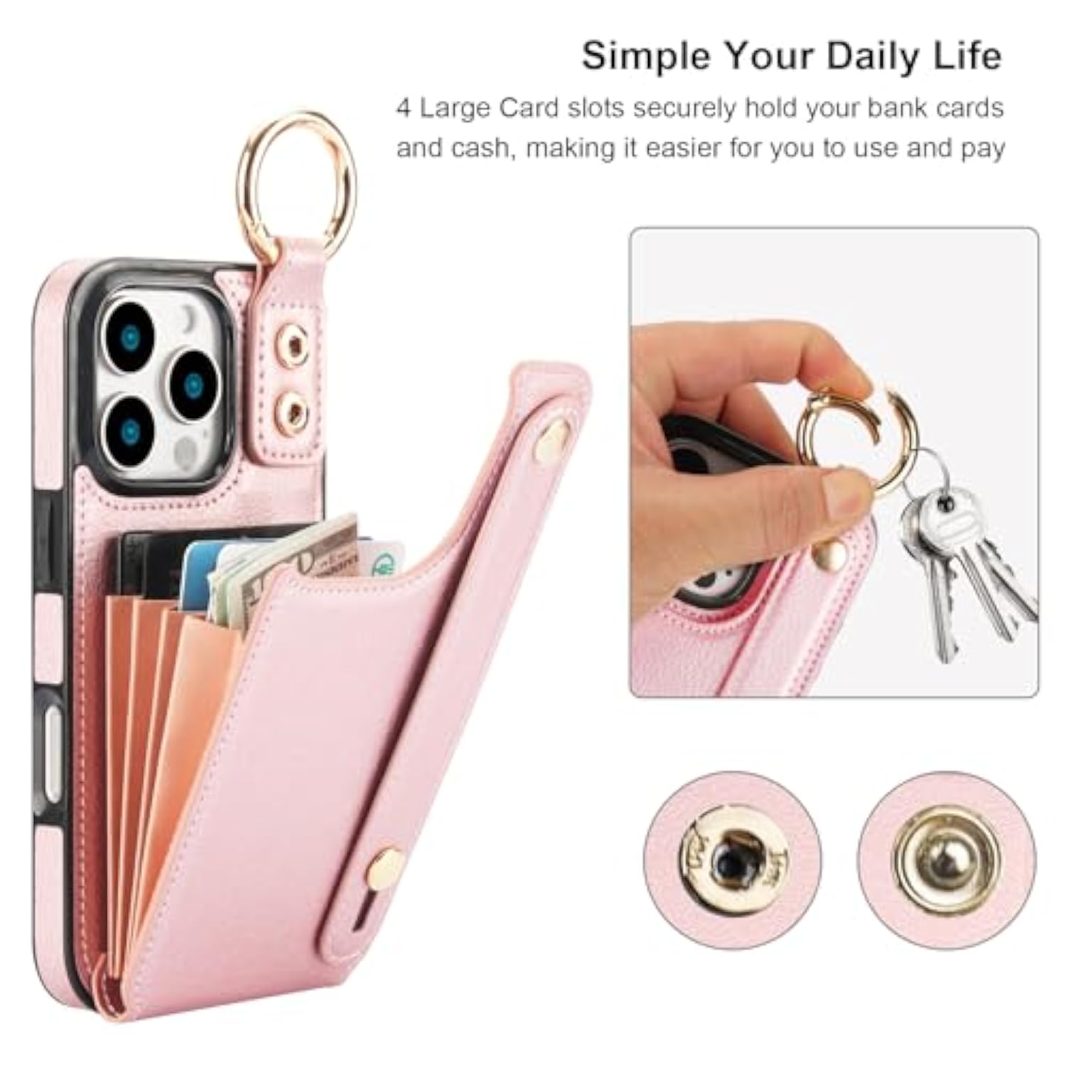 For Iphone 16 Pro Wallet Case With Card Holder, Hand Wrist Strap Loop Holder Kickstand, Rfid Blocking Finger Grip Ring Pu Leather Double Buttons Shockproof Cover 6.3" Rose Gold