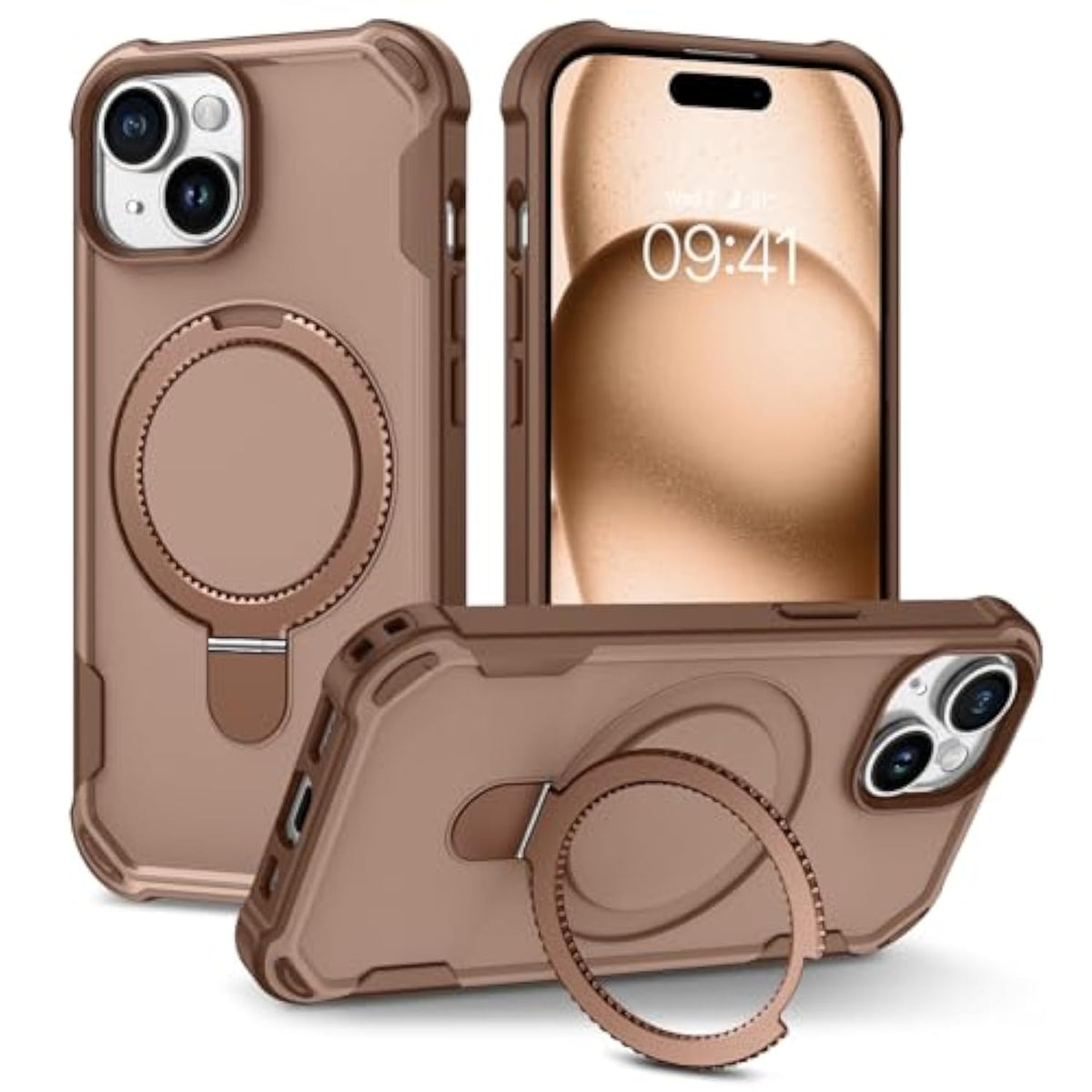 For Iphone 15 Case With Magnetic O-Ring Stand Holder [Military Drop Protection] [Compatible With Magsafe] Non-Slip Grip Shockproof Protective Women Men Phone Case For Iphone 15 6.1'', Brown