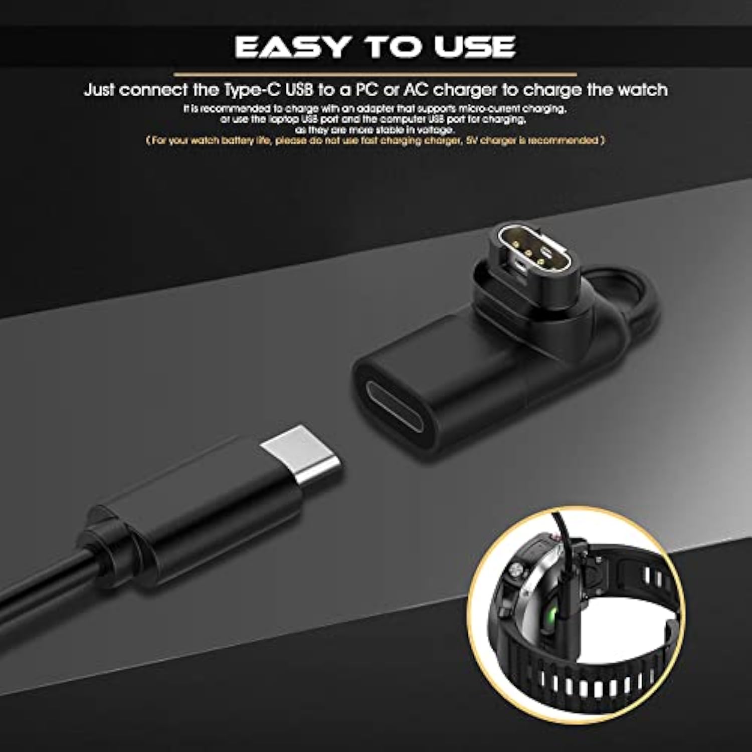 (2 Pack Type C Adapter For Garmin Watch Charger Connector, Usb C Charging Converter Accessories For Garmin Venu 3/2/1 Fenix 8/7/6/5 Instinct 2/ Vivoactive 4/Forerunner 965/955/255 Series