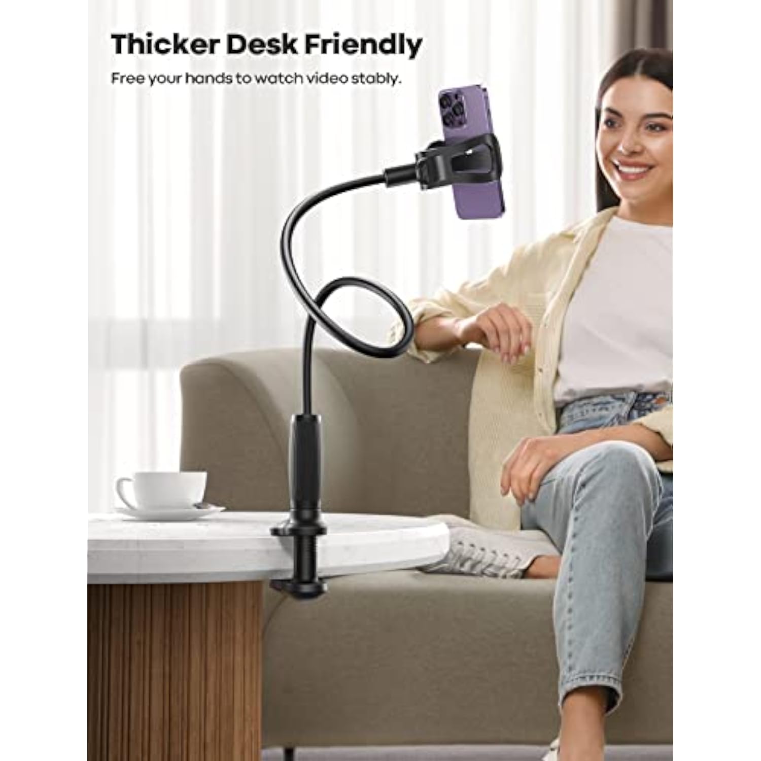 Gooseneck Phone Holder For Bed - [Upgraded Stable Clip] For Desk, Headboard, Bed, Bedside, Table, Flexible Gooseneck Long Arm Stand, Overhead Cell Phone Clamp Mount, For All 4-7” Devices