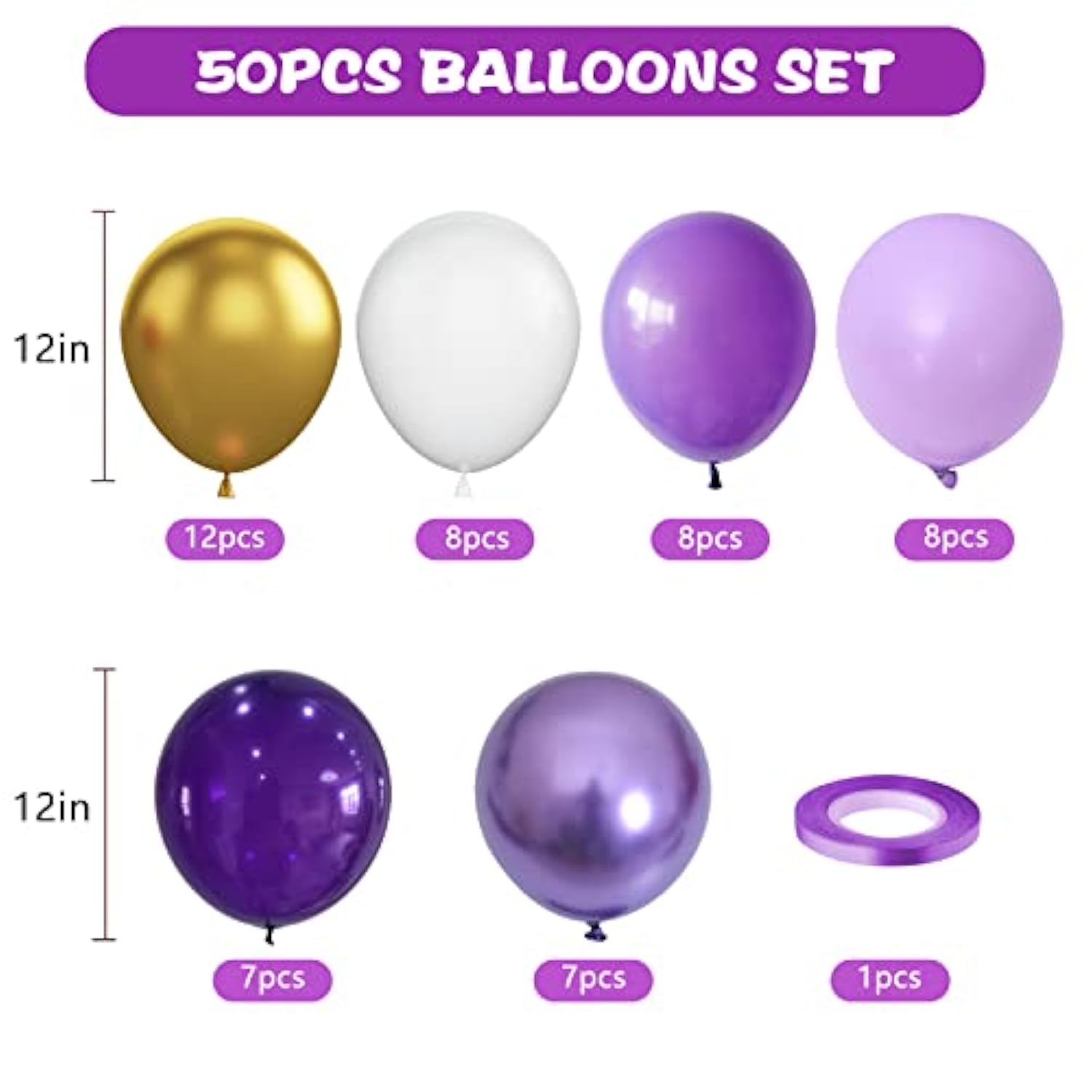 Purple And Gold Balloons, 50Pcs 12 Inch Purple Gold White Balloons Metallic Purple Balloons Pastal Purple White Balloons For Purple Birthday Decorations Shower Princess Theme Party Decorations