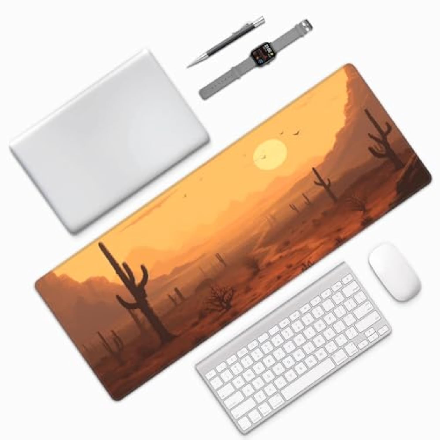 Laptop Mouse Pad Desert Sunset Cactus Desk Mat With Stitched Edges 31.5X 11.8 Inch Non-Slip Large Keyboard Rubber Writing Table Mat For Office Home