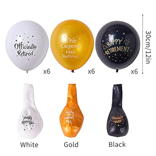 18 Pcs Happy Retirement Balloons - 12 Inch Black, Gold & White Latex Balloons For Party Decorations