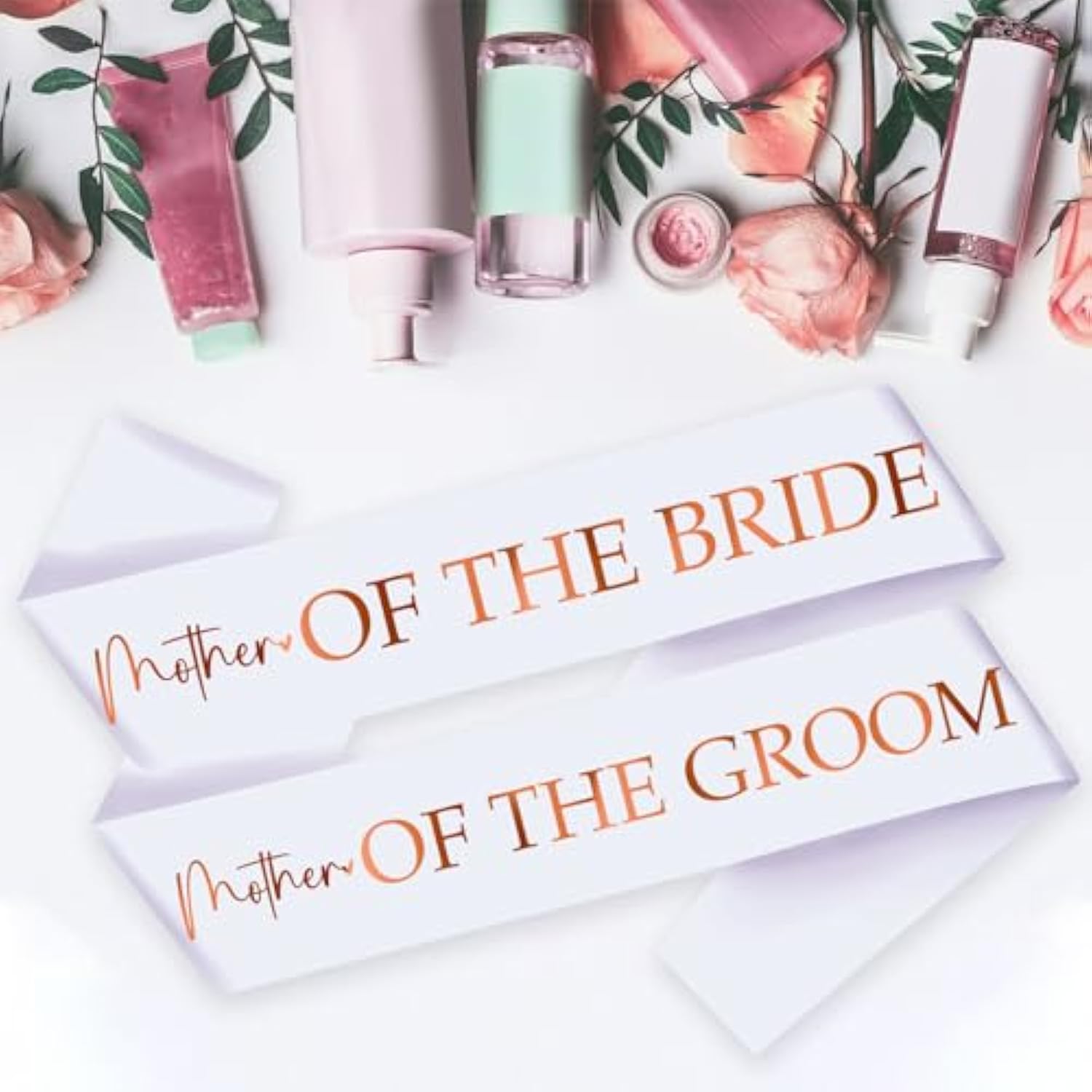 2 Pcs Mother Of The Bride And Groom Sashes With Rose Gold Foil, White Bachelorette Party Sash For Bridal Shower Engagement Supplies Gifts Wedding Accessories
