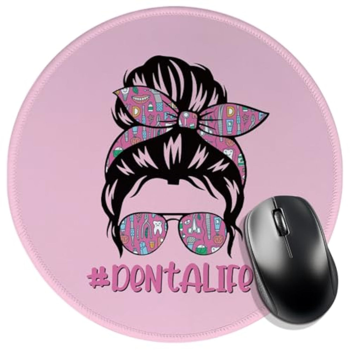 Pink Round Mouse Pad 8.6 X 8.6 Inch Funny Office Decor For Gaming Laptop With Stitched Edges Non-Slip Rubber Base,Gift For Female Dental Colleagues