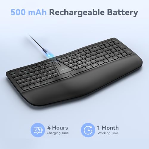 Wireless Ergonomic Keyboard Rechargeable, 2.4G+Bluetooth Ergo Cordless Usb Computer Keyboard, Wrist Rest, Natural Typing, Stain-Resistant Fabric, Compatible For Windows Computer Desktop Laptop