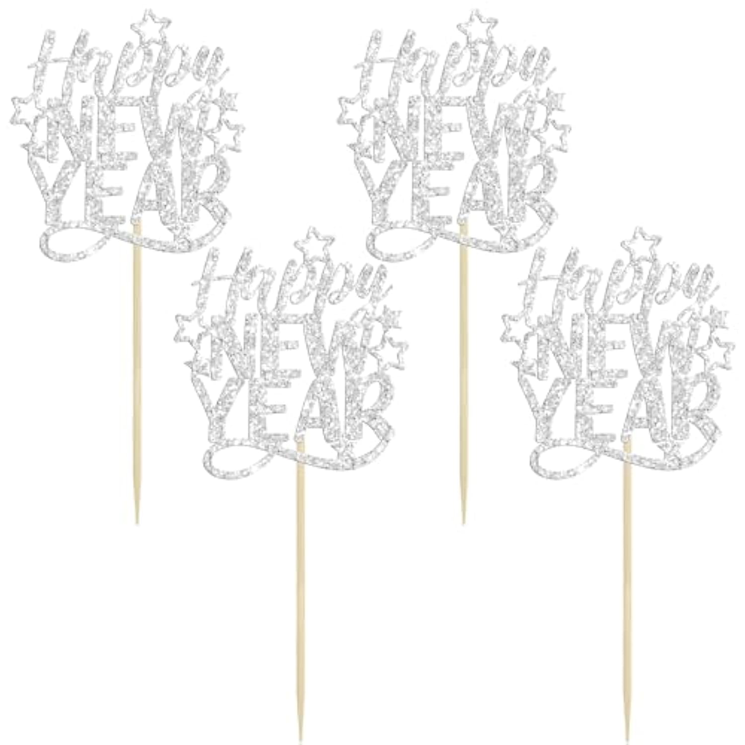24pc Glitter Happy New Year 2026 Cupcake Toppers Silver Cake Picks