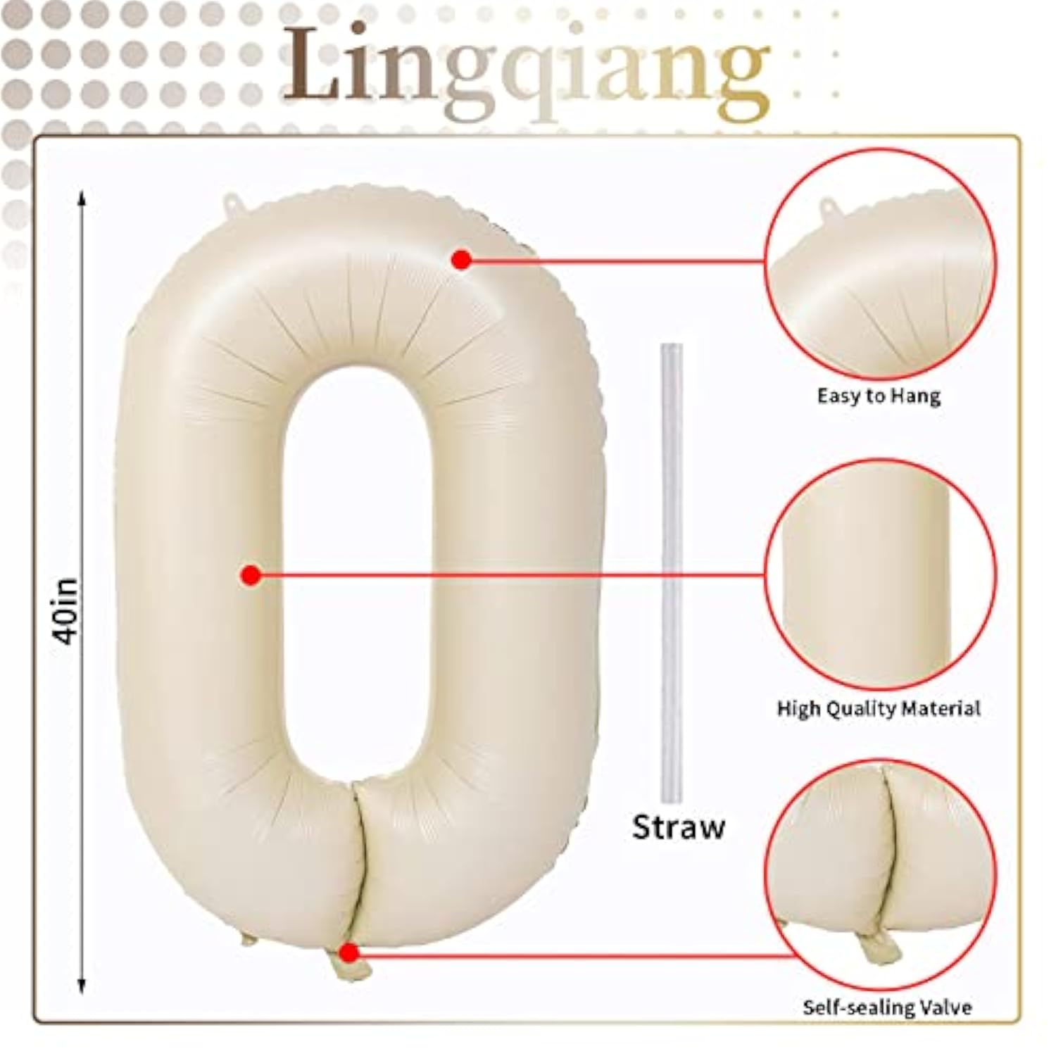 40 In Cream Large Numbers Balloons 0-9, Self Inflating White Sand Foil Number 0 Helium Balloons For Boys Girls, Big Beige Digit 0 Balloons For Women Men Birthday Party Anniversary Supplies Decorations