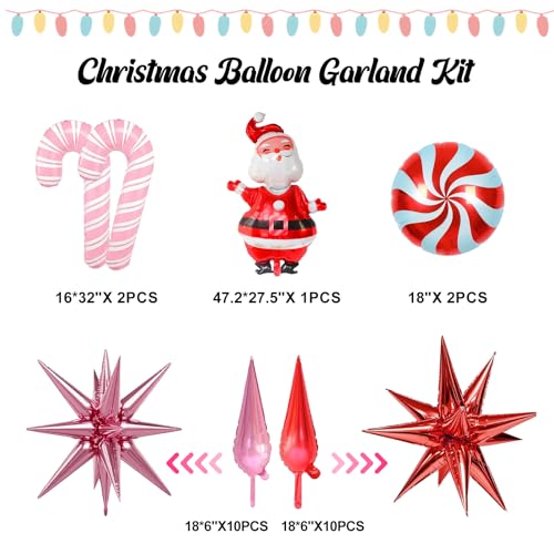 Pink Christmas Balloon Arch Kit 155pcs Red Pink Green Silver Christmas Balloons Arch with Candy Cane Lollipop Explosion Star Santa Claus Foil Balloons for Christma Birthday Party Decorations