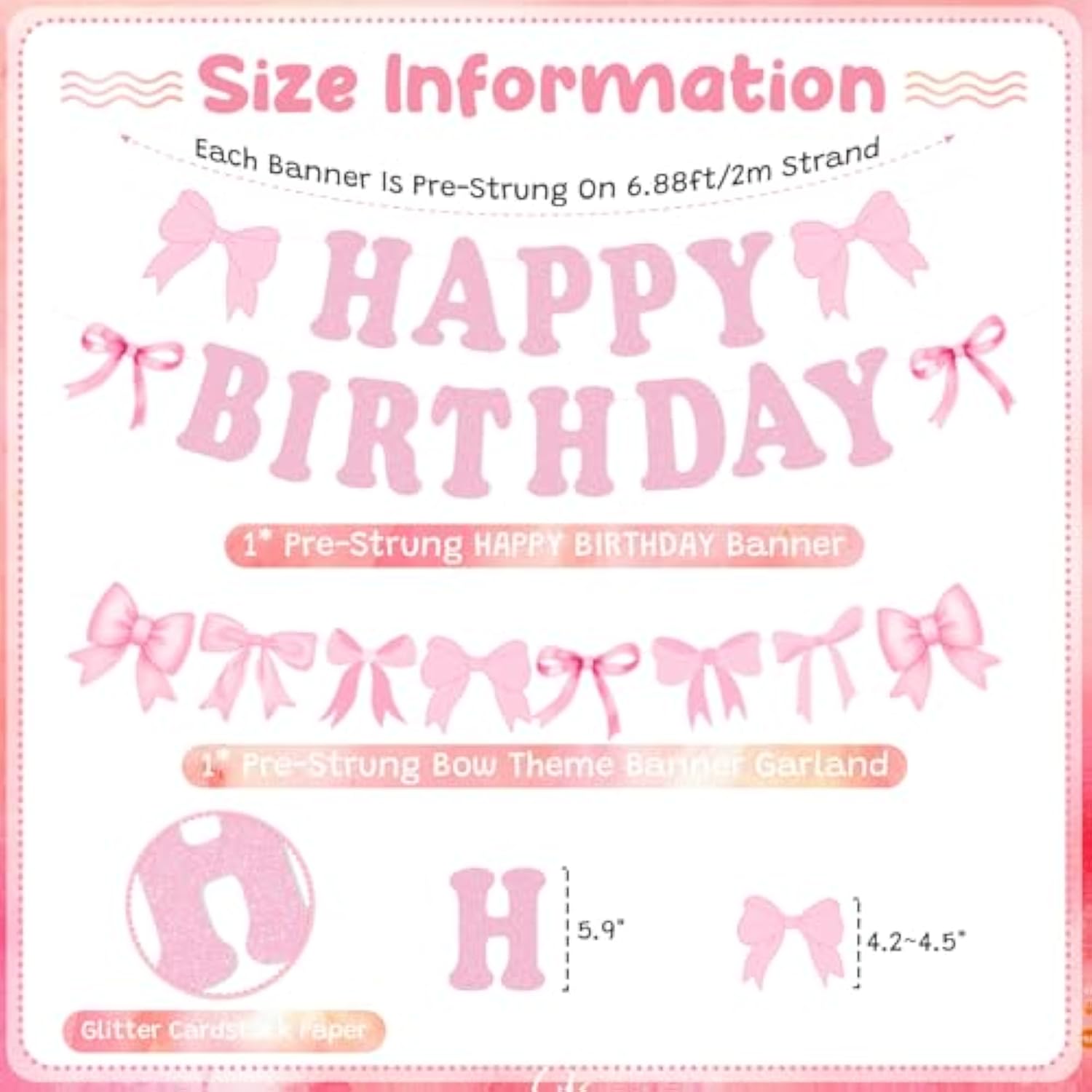 Bow Happy Birthday Banner Pre-Strung Pink Garland for Girls' Party Decor