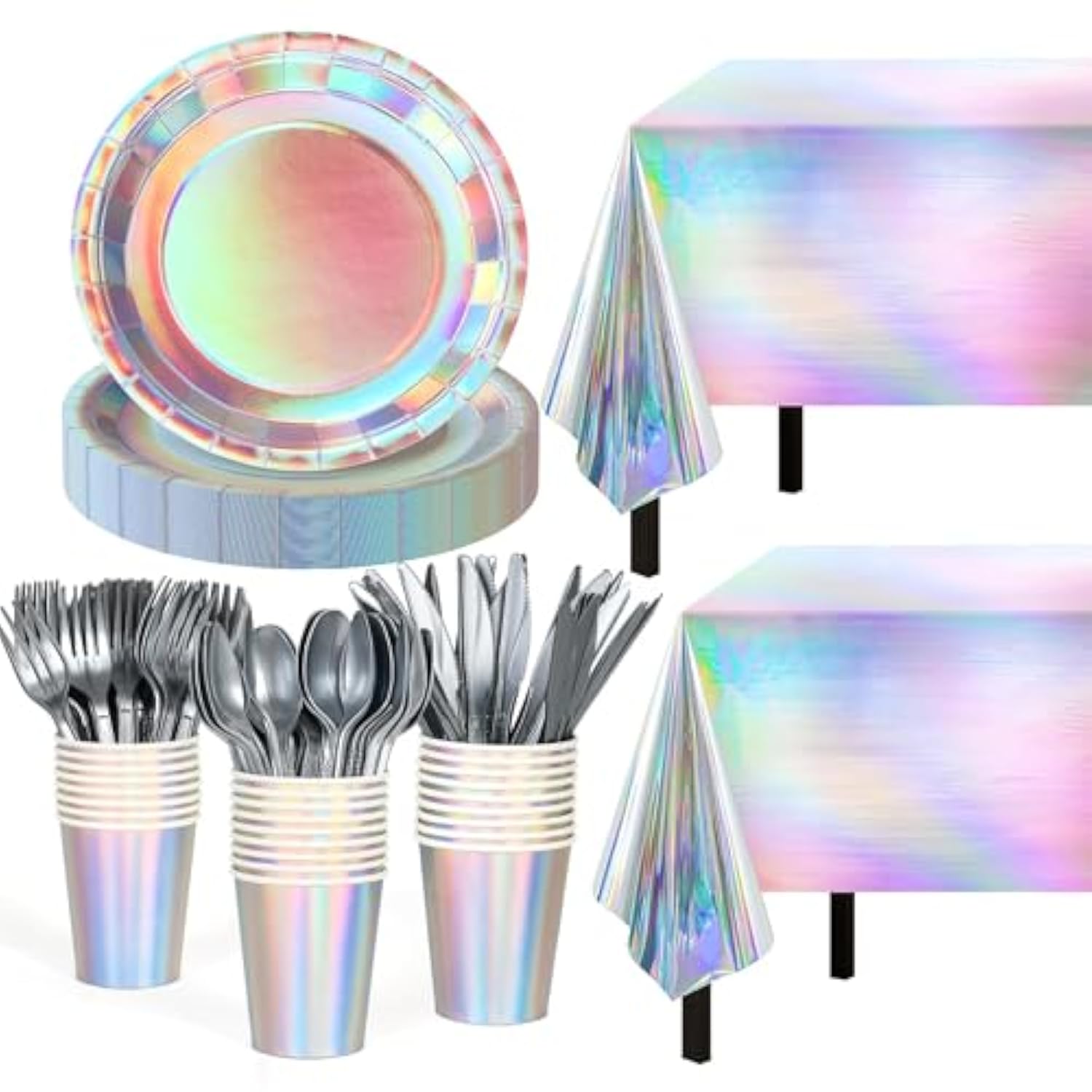 Iridescent Party Supplies Decorations,132 Pcs Disposable Iridescent Paper Party Plates Cups Knives Spoons Fork For Birthday Wedding Outdoor Picnic,Disposable Plastic Tablecloths For Dinner,Holiday