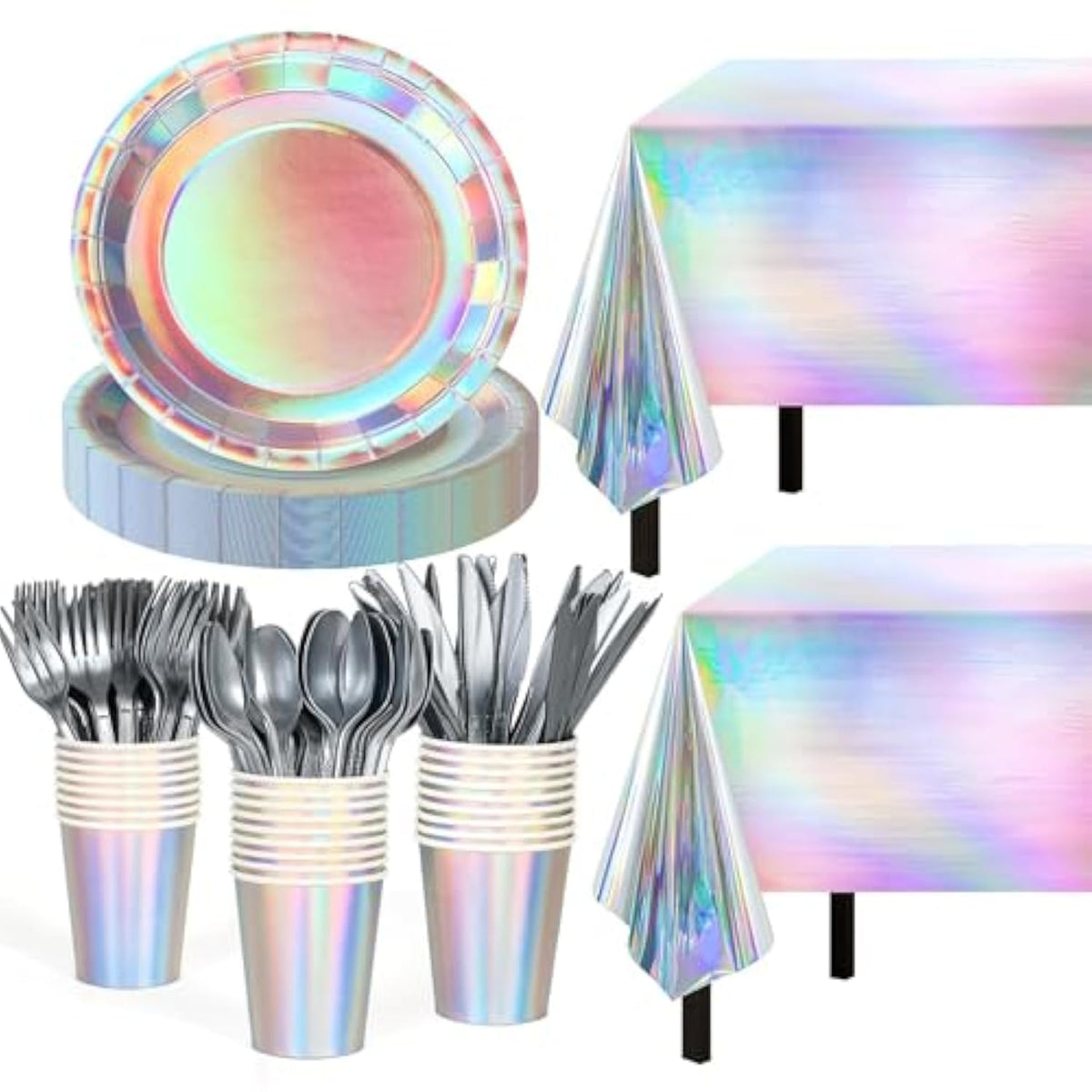 Iridescent Party Supplies Decorations,132 Pcs Disposable Iridescent Paper Party Plates Cups Knives Spoons Fork For Birthday Wedding Outdoor Picnic,Disposable Plastic Tablecloths For Dinner,Holiday