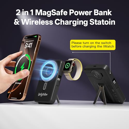 Magnetic Portable Charger Built-in Cables,10000mAh Fast Charging Wireless Charger Station External Battery Pack Slim Pocket Size Power Bank with