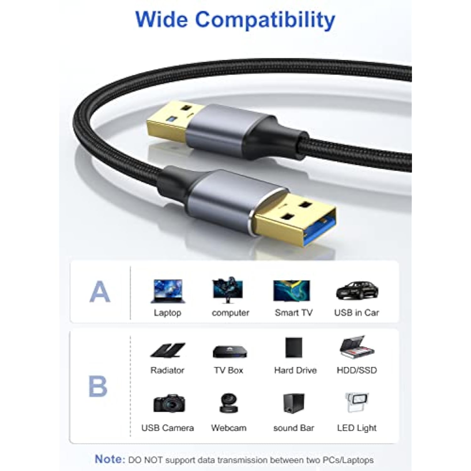 Usb To Usb Cable 1Ft 2-Pack, Usb 3.0 Cord Usb A Male To Male Cable Double Side