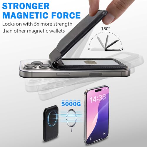 MagSafe Compatible Card Holder with Adjustable Stand for iPhone 17/16/15/14/13/12 Series RFID Protected Wallet Case with 180° Rotatable Stand Fits