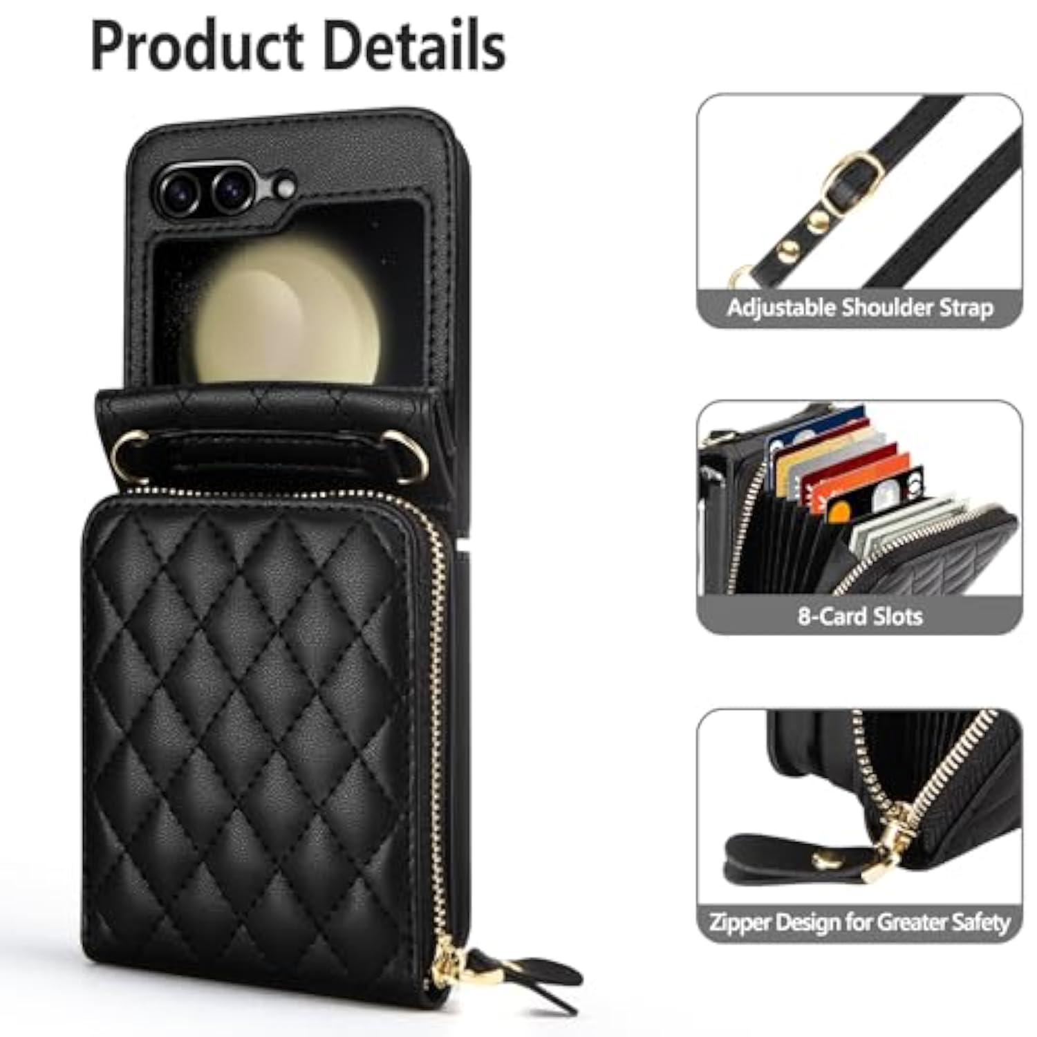 Case For Samsung Galaxy Z Flip 5 With Card Holder, Crossbody 8-Card Slots Wallet Case With Adjustable Strap Soft Pu Leather Protective Zipper For Women Girls, Black