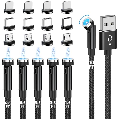 Magnetic Charging Cable, 540° Rotation Magnetic Phone Charger (6-Pack,1.6ft/3ft/3ft/6ft/6ft/10ft) 3 in 1 Magnet Phone Charger Magnetic USB Cable for