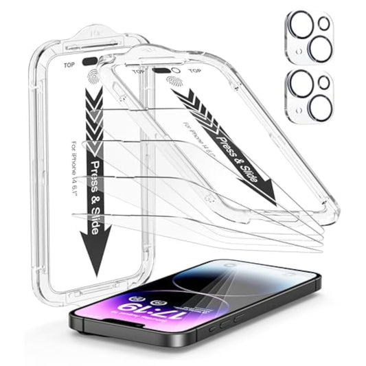 '-4 Pack For Iphone 14 Screen Protector[6.1"] With 2 Pack Camera Lens Protector, 9H+ Hardness 12Ft Military Grade Shatterproof Scratch Resistant Durable Tempered Glass Film With Flawless Fit Kit, Hd Clear