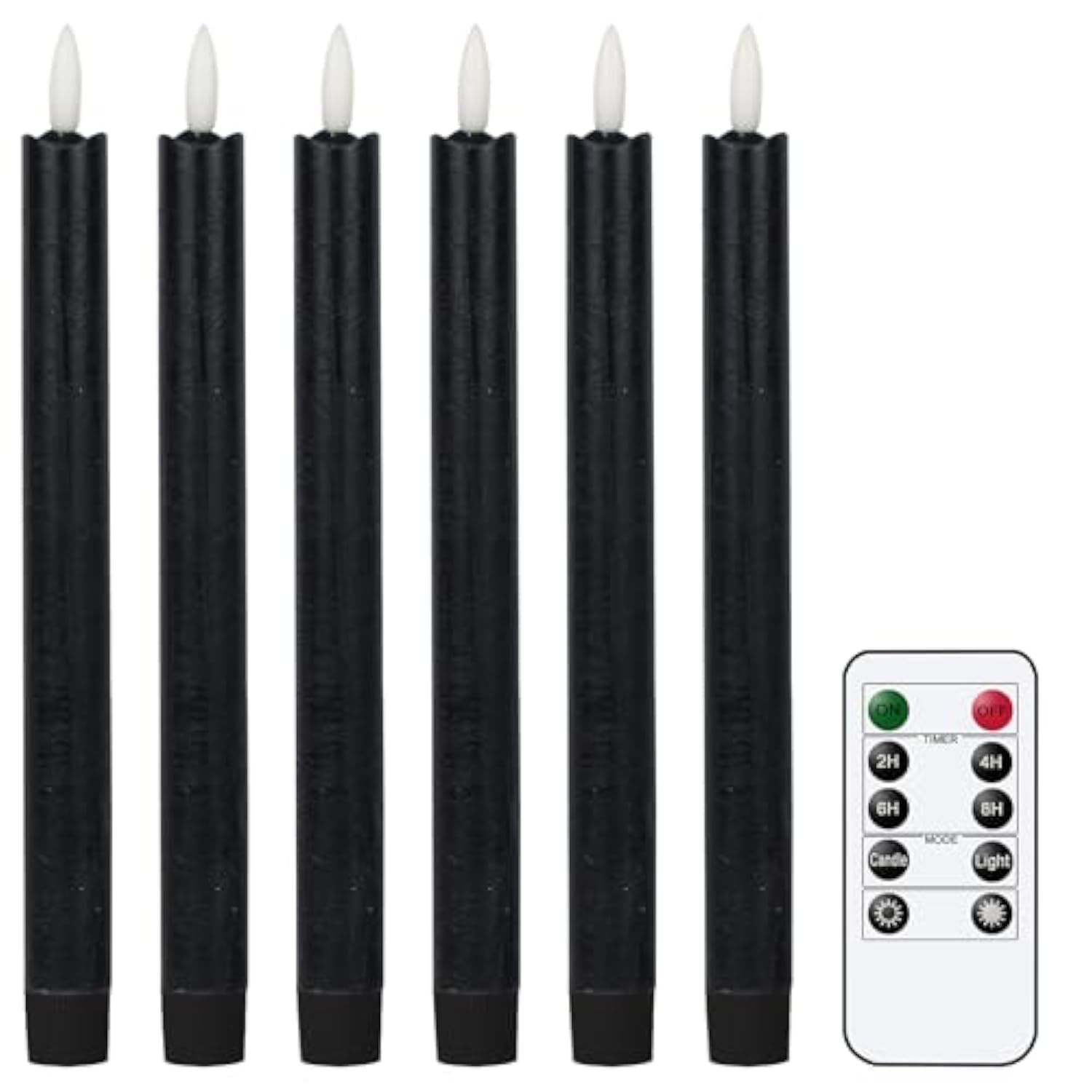 Flameless Black Taper Candles Flickering With 10-Key Remote, Battery Operated Led Warm 3D Wick Light Window Candles Real Wax Pack Of 6, Christmas Home Wedding Decor(0.78 X 9.64 Inch)