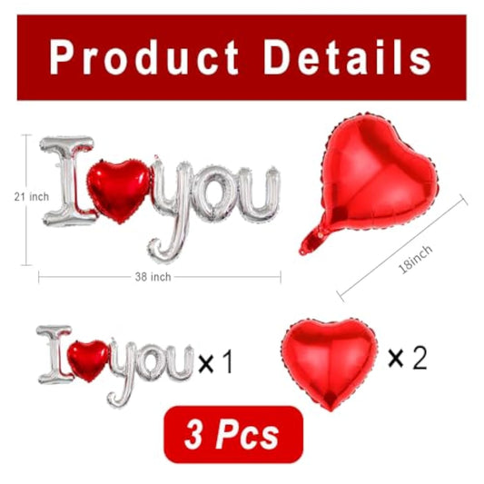 I Love You Balloons, 1 Pcs Red And Silver I Love You Banner Foil Letter Balloon And 2 Pcs Red Heart Foil Letter Balloon For Valentines Party Engagement Anniversary Wedding Decor Supplies
