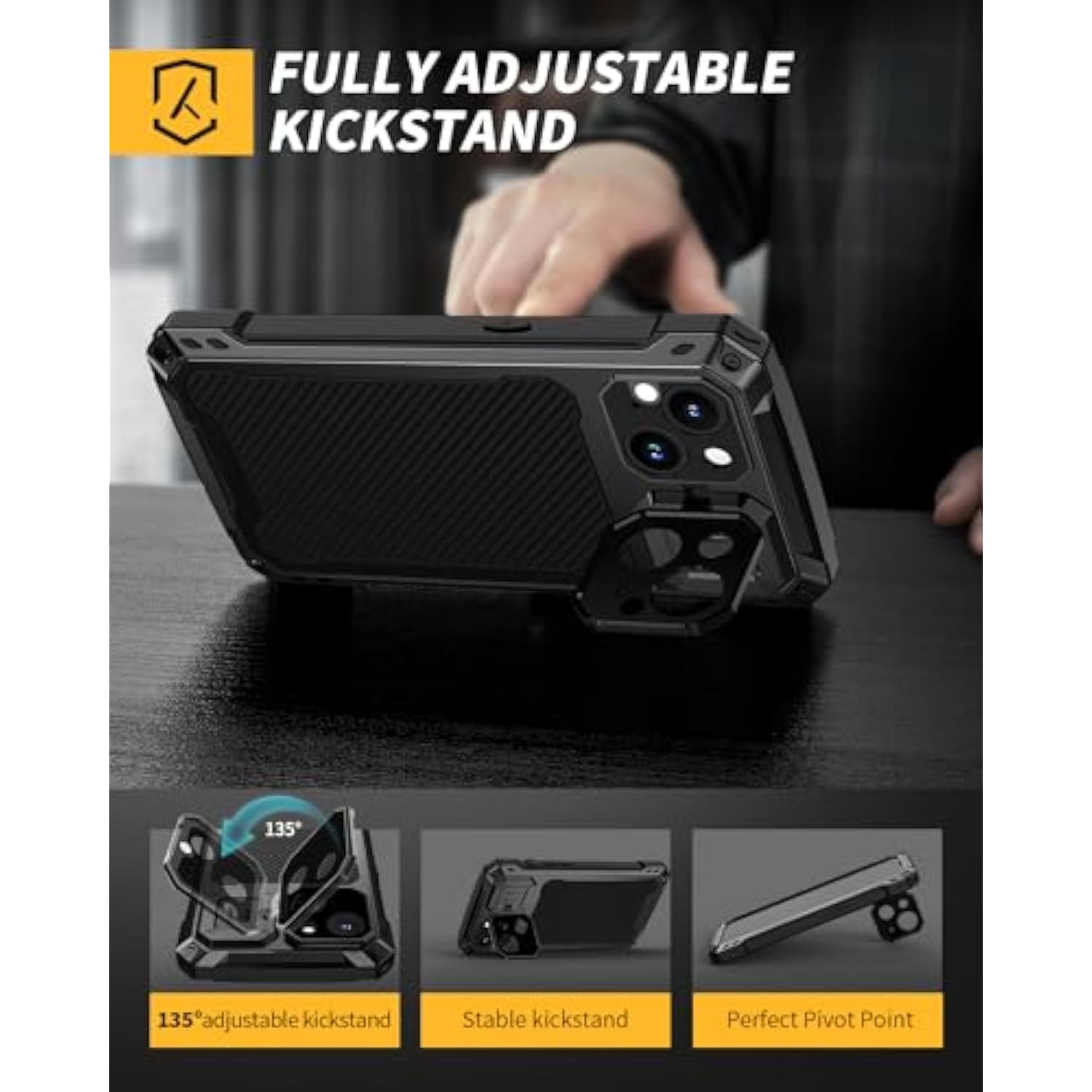 For Iphone 15 Metal Case, [Built-In Camera Kickstand & Glass Screen Protector] Heavy Duty Protective Rugged Full Body Military Grade Aluminum Magnetic Cover For Iphone 15 6.1" (Black)