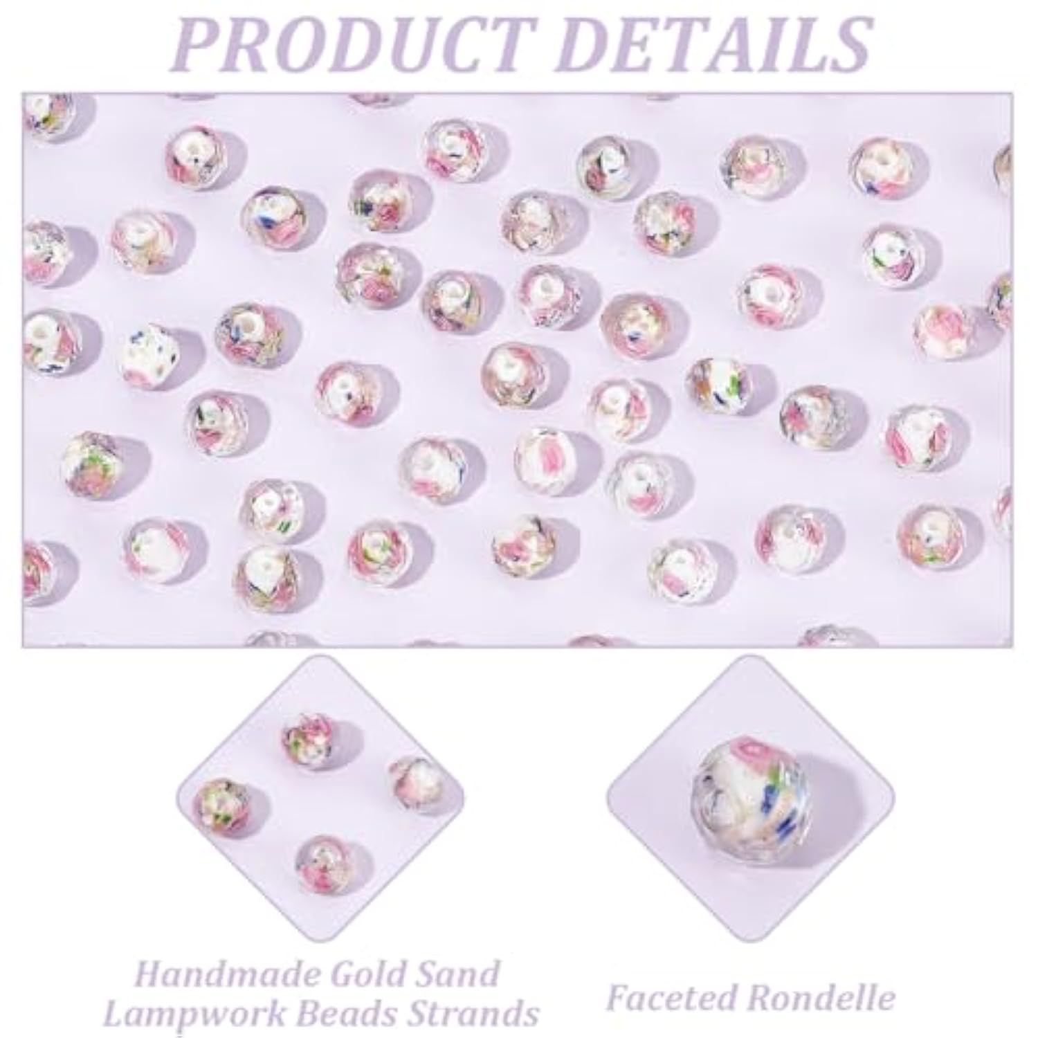 60PCS 9-10mm White Rose Lampwork Beads Gold Sand Glass for Jewelry Making