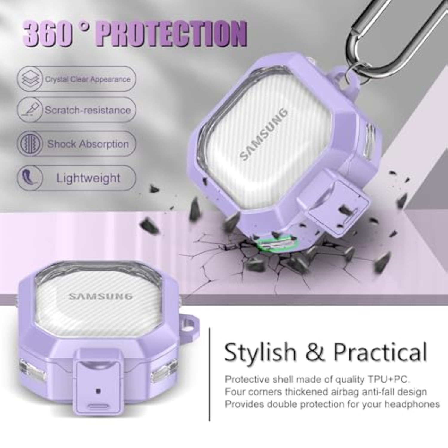 Safety Lock Case For Samsung Galaxy Buds 2 Pro/Galaxy Buds Pro/Galaxy Buds 2/Galaxy Buds Live, Carbon Fiber Clear Cover For Galaxy Buds Fe For Women With Keychain & Cleaner Kit (Purple)