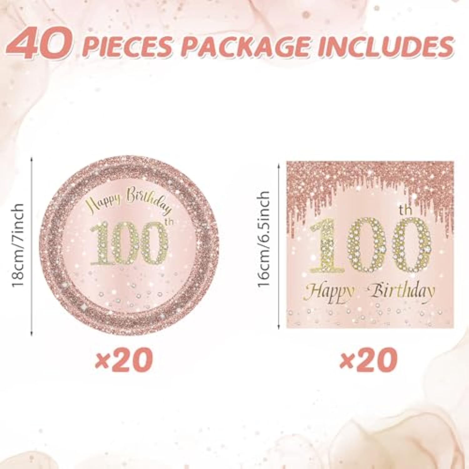 100Th Birthday Decorations, Rose Gold Birthday Party Supplies Include 20Pcs Plates 20Pcs Napkins Sweet One Hundred Year Old Birth Party Tableware For Girl Ladies Women
