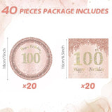 100Th Birthday Decorations, Rose Gold Birthday Party Supplies Include 20Pcs Plates 20Pcs Napkins Sweet One Hundred Year Old Birth Party Tableware For Girl Ladies Women