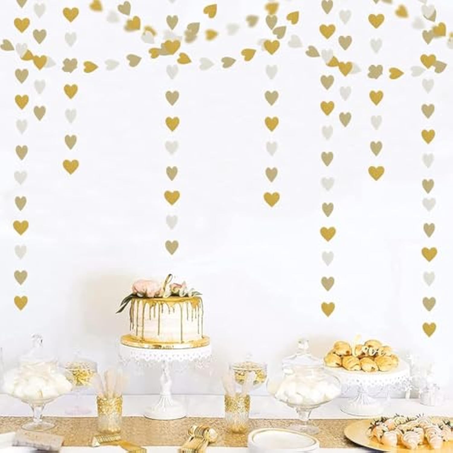 White And Gold Heart Garland Hanging Decorations, 52 Feet, Hanging Streamers For Christmas Party, Wedding, Birthday Parties, Graduations Parties, Valentine, Bridal Showersal (Gold-White Heart)