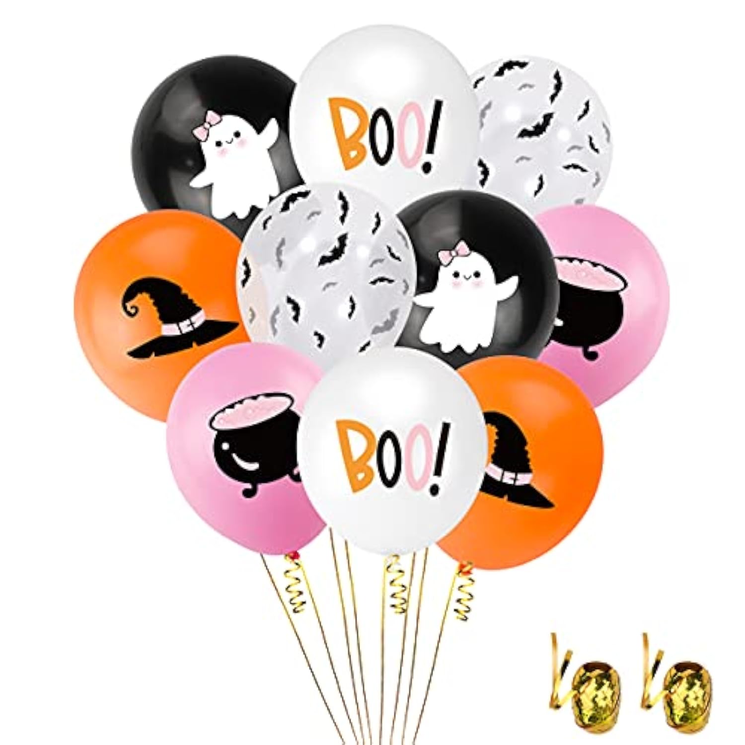 50Pcs Girls Halloween Balloons - Pink, Orange, Black, White with Ghost, Bat & Witch Print