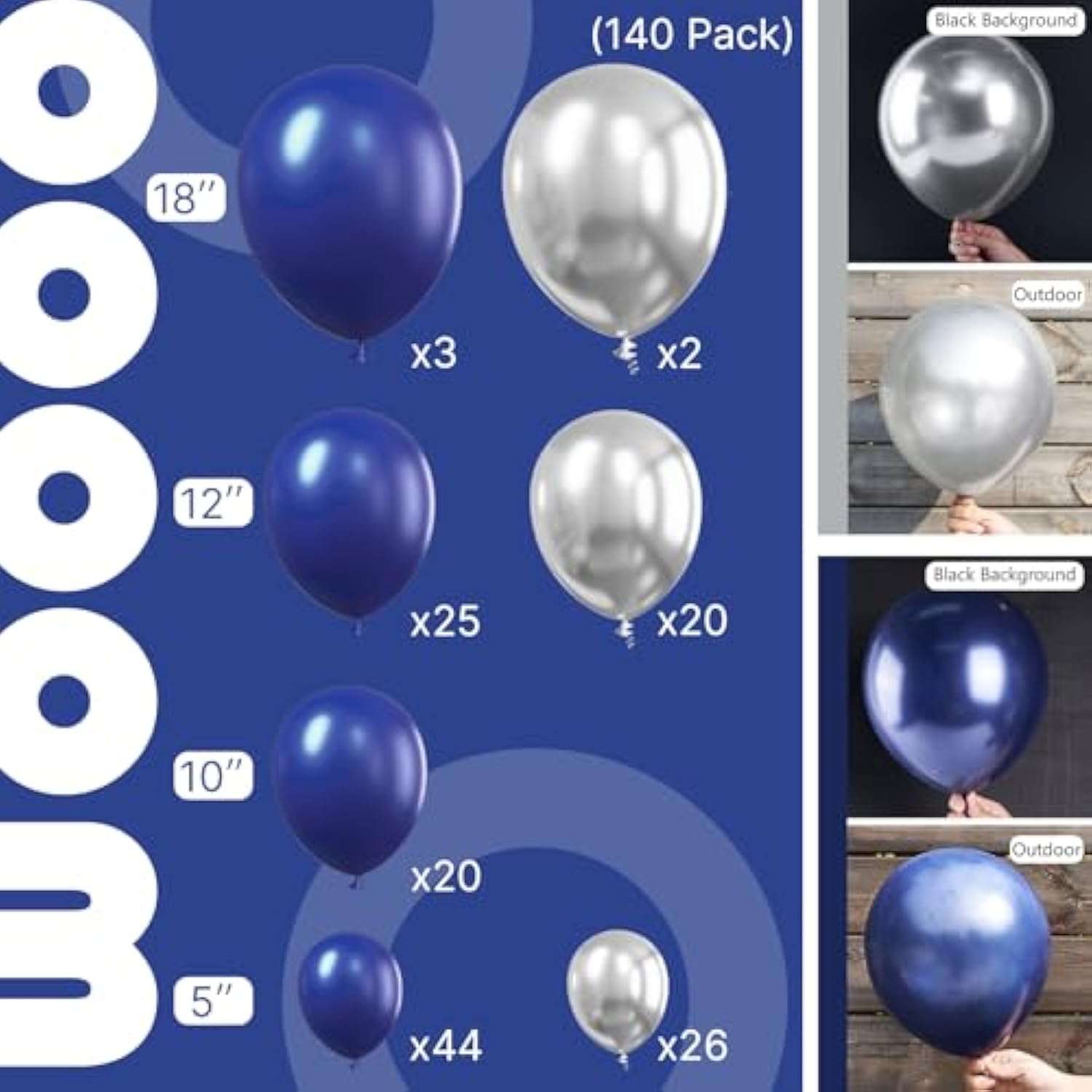 142PCS Navy Blue and Silver Balloons in Various Sizes for Garland or Party Decor