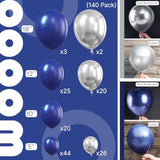 142PCS Navy Blue and Silver Balloons in Various Sizes for Garland or Party Decor