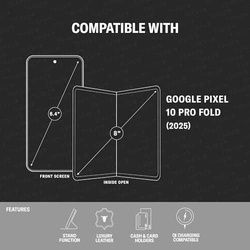 Phone Case Compatible with Google Pixel 10 Pro Fold 8 2025 Premium Leather Wallet Case with Stand Function and Card Slots (Black with Red Detail)