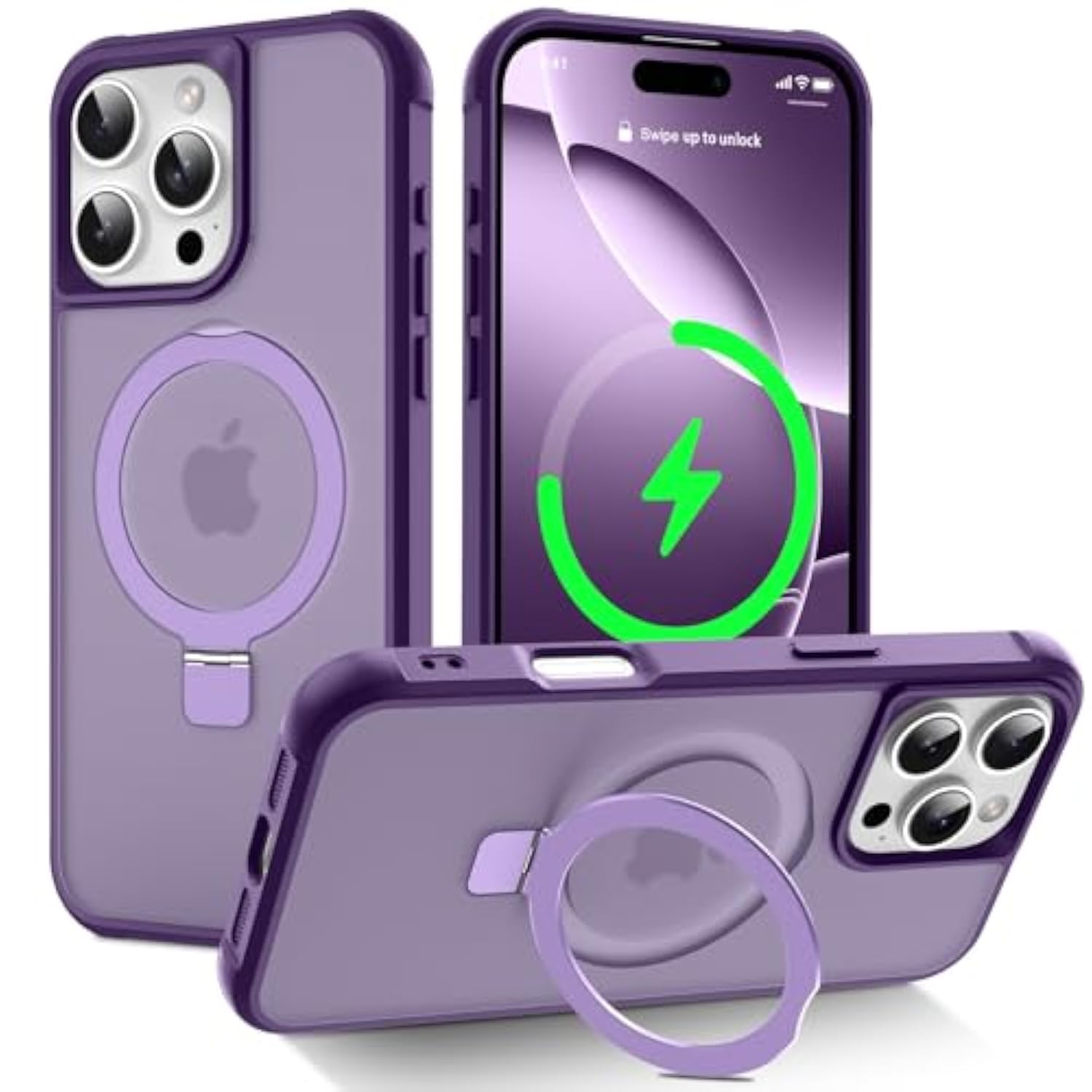 Magnetic Compatible With Iphone 16 Pro Case With Stand [Military Grade Drop Tested][Compatible With Magnet] Ring Translucent Slim Hard Back Soft Edge, Purple
