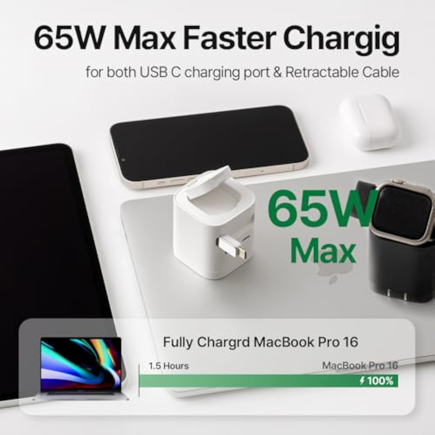 65W Usb-C Charging Block With Retractable Cable & Built-In Wireless Magnetic Iwatch Charger, Foldable Pd/Pps Travel Wall Charger For Iphone, Ipad, Macbook, Iwatch Ultra/Se/10/9/8/7/6/5(White)