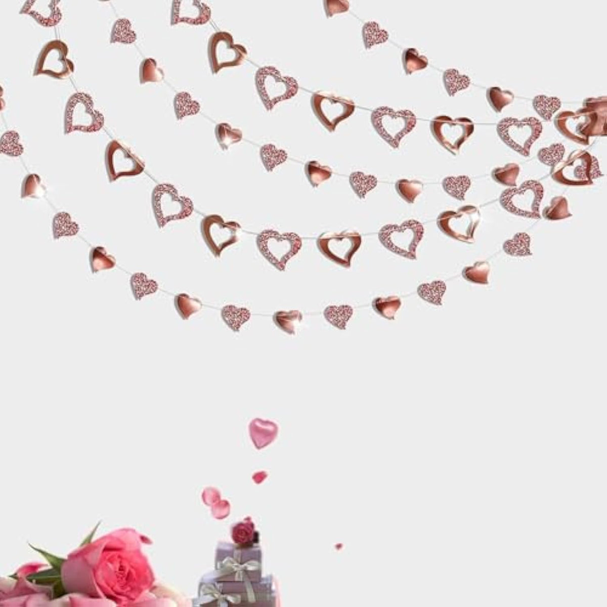 Rose Gold Heart Garland Glitter Valentine Day Mothers Day Wedding Engagement Anniversary Bridal Shower Baby Shower Bachelorette Party Decorations Backdrop Banner Hanging Decor
